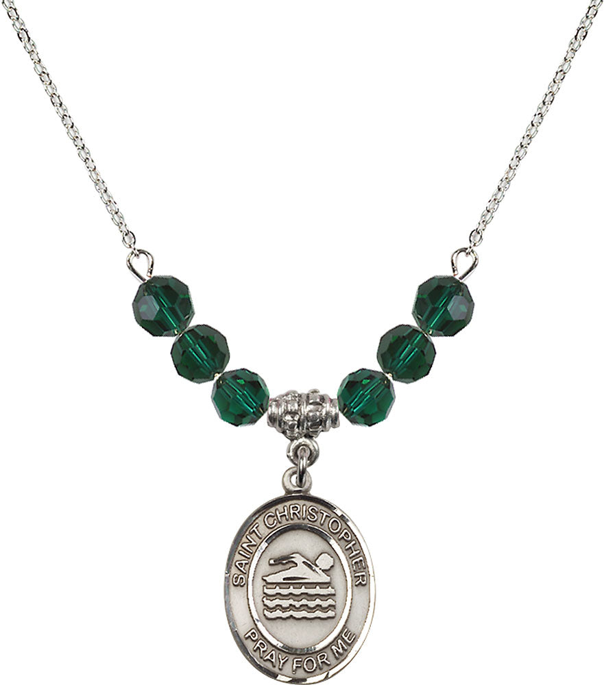 Sterling Silver Saint Christopher/Swimming Birthstone Necklace with Emerald Beads - 8157