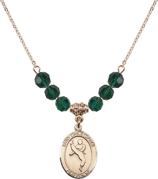 14kt Gold Filled Saint Christopher/Martial Arts Birthstone Necklace with Emerald Beads - 8158