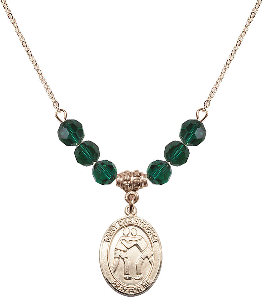 14kt Gold Filled Saint Christopher/Wrestling Birthstone Necklace with Emerald Beads - 8159