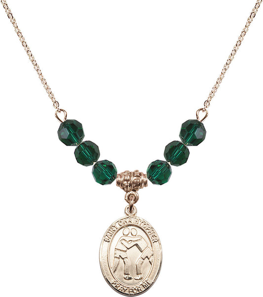 14kt Gold Filled Saint Christopher/Wrestling Birthstone Necklace with Emerald Beads - 8159