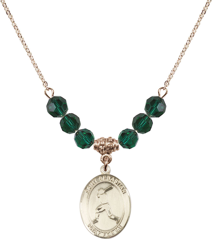 14kt Gold Filled Saint Sebastian/Baseball Birthstone Necklace with Emerald Beads - 8160