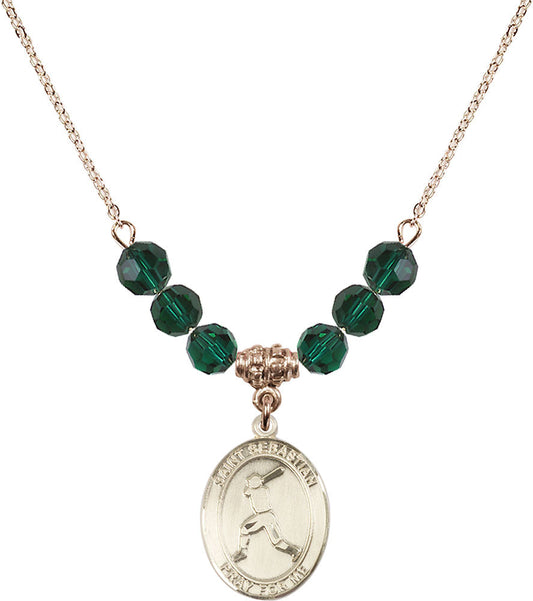 14kt Gold Filled Saint Sebastian/Baseball Birthstone Necklace with Emerald Beads - 8160