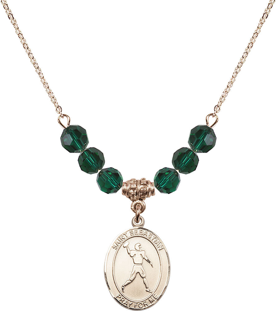 14kt Gold Filled Saint Sebastian/Football Birthstone Necklace with Emerald Beads - 8161