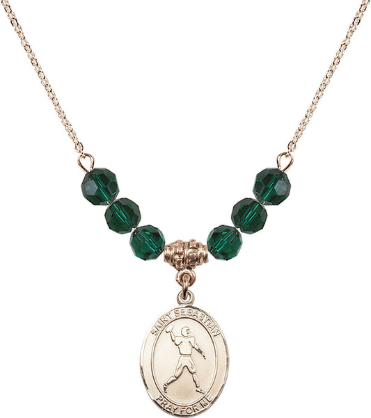14kt Gold Filled Saint Sebastian/Football Birthstone Necklace with Emerald Beads - 8161