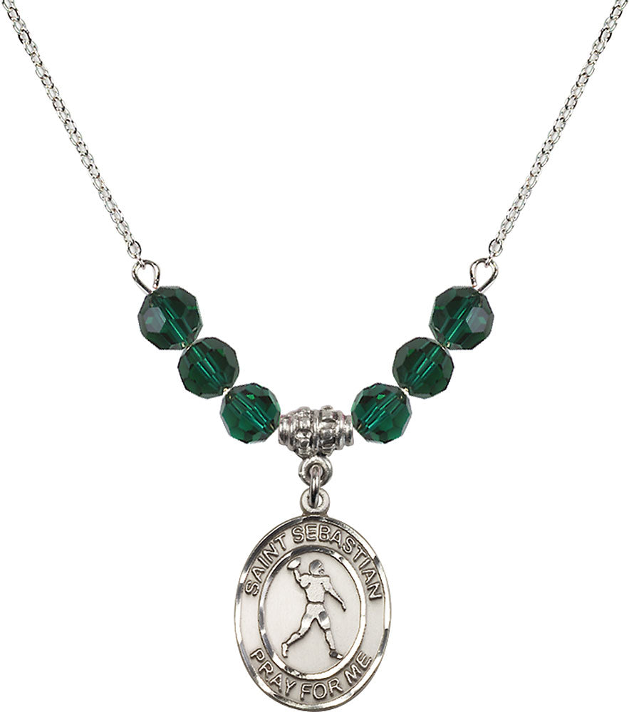 Sterling Silver Saint Sebastian/Football Birthstone Necklace with Emerald Beads - 8161