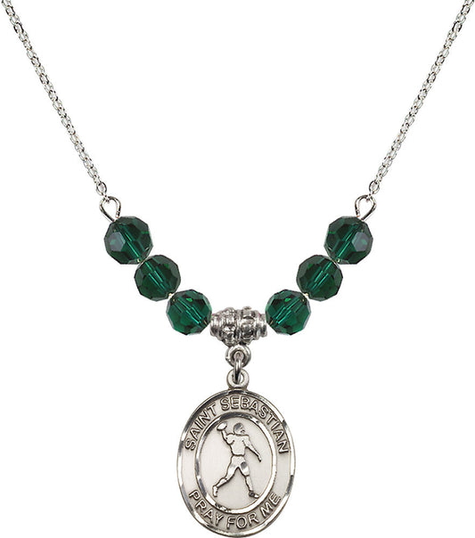 Sterling Silver Saint Sebastian/Football Birthstone Necklace with Emerald Beads - 8161