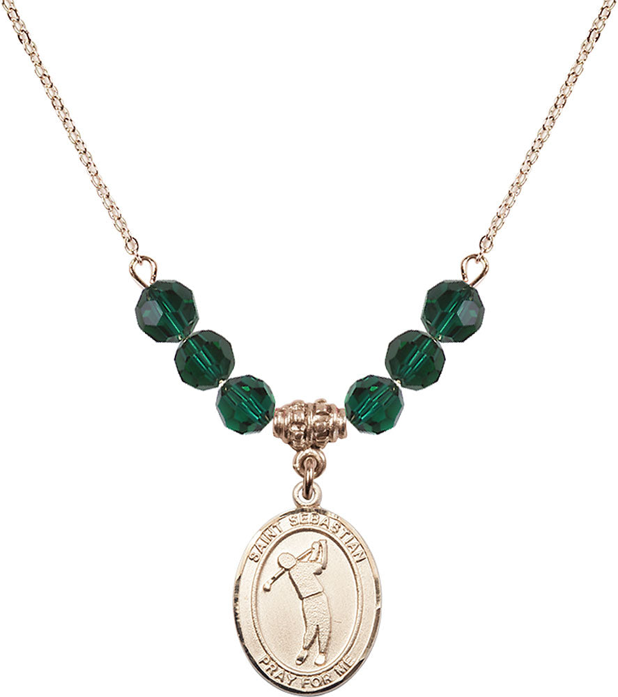 14kt Gold Filled Saint Sebastian/Golf Birthstone Necklace with Emerald Beads - 8162