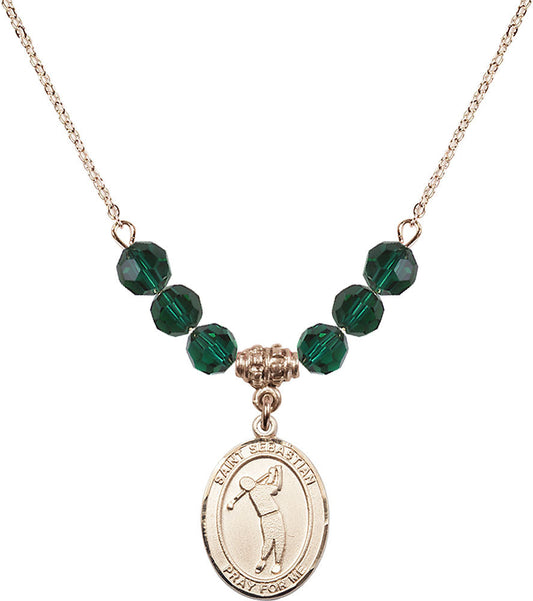 14kt Gold Filled Saint Sebastian/Golf Birthstone Necklace with Emerald Beads - 8162