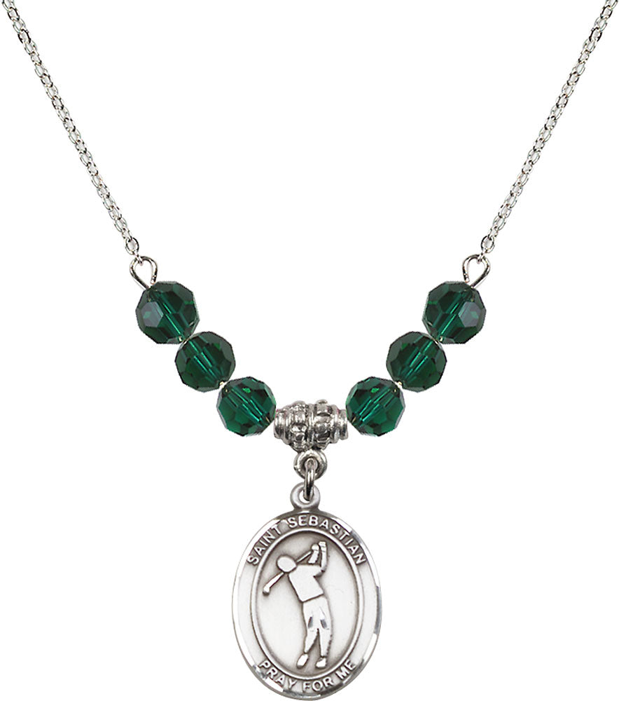 Sterling Silver Saint Sebastian/Golf Birthstone Necklace with Emerald Beads - 8162