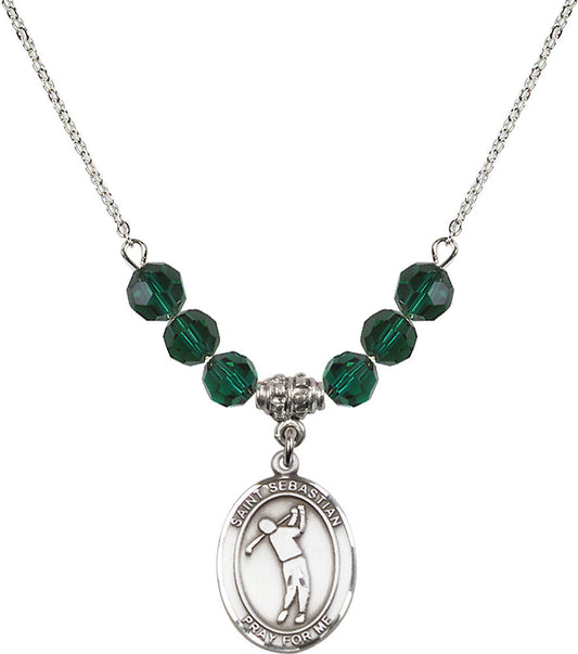 Sterling Silver Saint Sebastian/Golf Birthstone Necklace with Emerald Beads - 8162