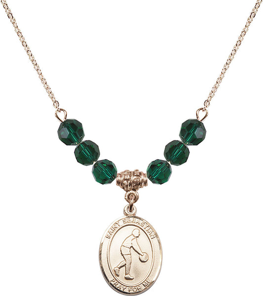 14kt Gold Filled Saint Sebastian/Basketball Birthstone Necklace with Emerald Beads - 8163