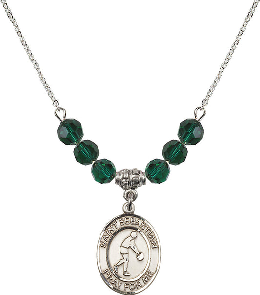 Sterling Silver Saint Sebastian/Basketball Birthstone Necklace with Emerald Beads - 8163