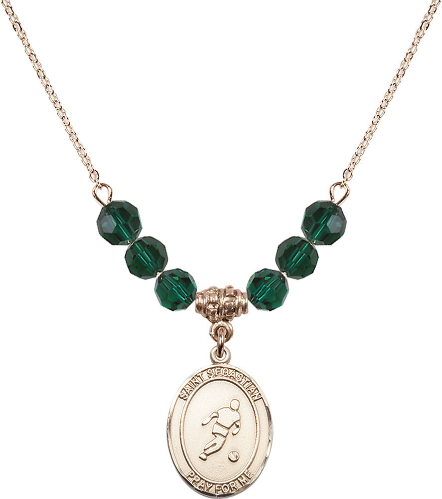 14kt Gold Filled Saint Sebastian/Soccer Birthstone Necklace with Emerald Beads - 8164