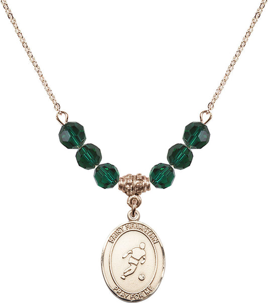 14kt Gold Filled Saint Sebastian/Soccer Birthstone Necklace with Emerald Beads - 8164