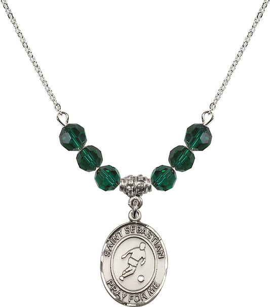 Sterling Silver Saint Sebastian/Soccer Birthstone Necklace with Emerald Beads - 8164