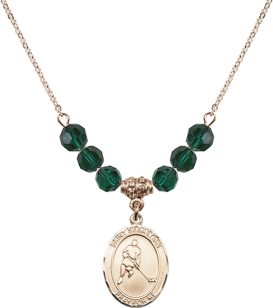 14kt Gold Filled Saint Sebastian/Ice Hockey Birthstone Necklace with Emerald Beads - 8165