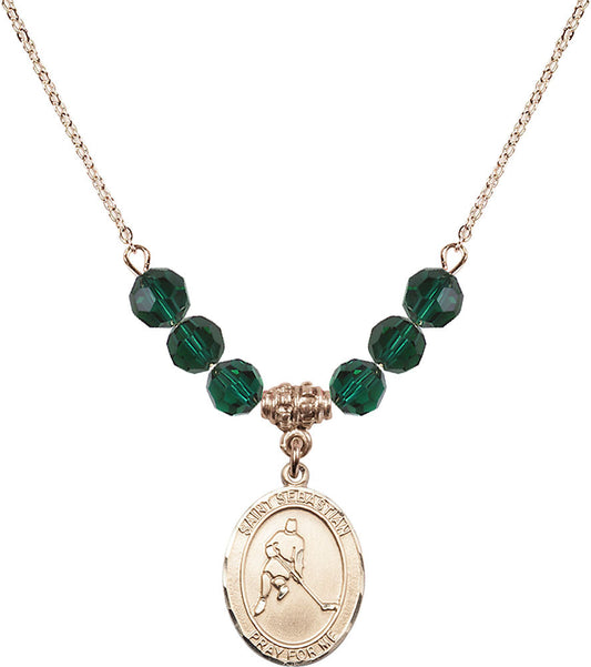 14kt Gold Filled Saint Sebastian/Ice Hockey Birthstone Necklace with Emerald Beads - 8165