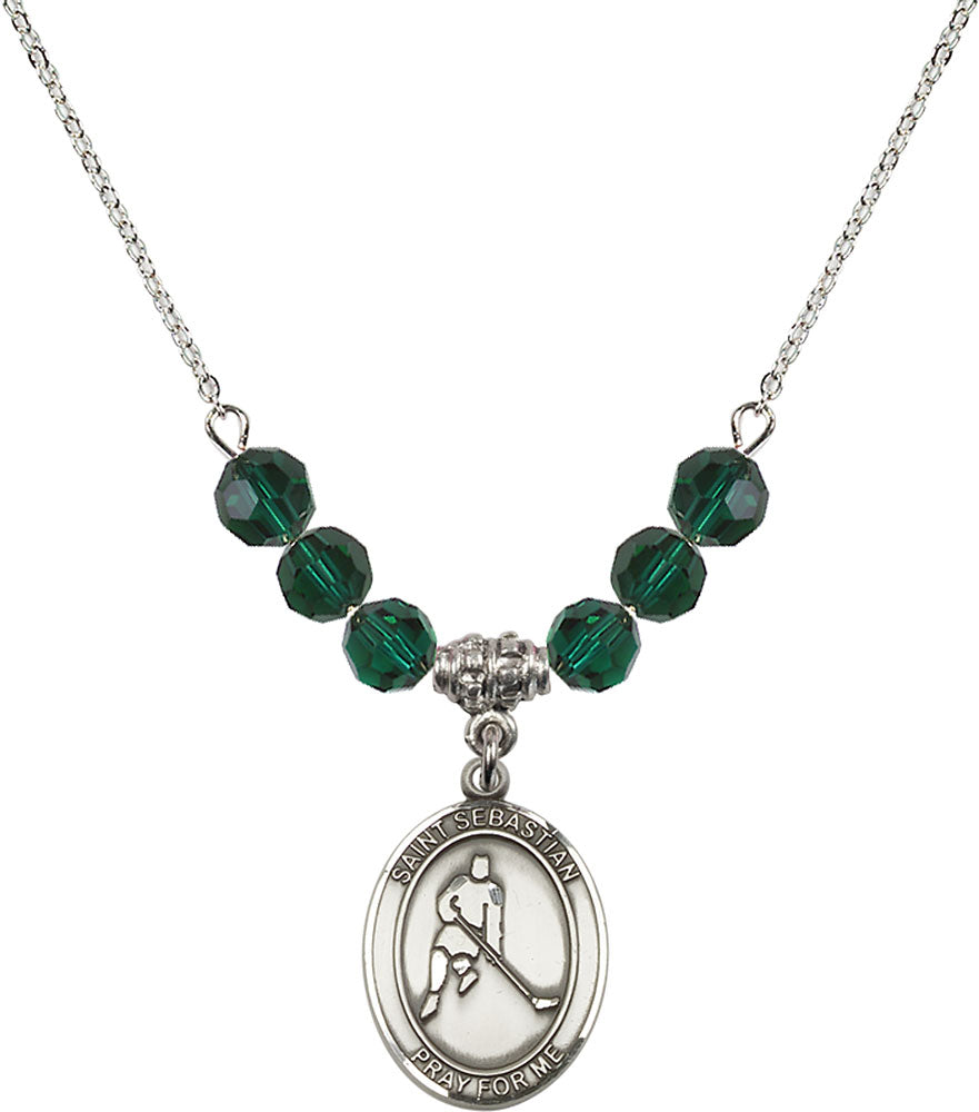 Sterling Silver Saint Sebastian/Ice Hockey Birthstone Necklace with Emerald Beads - 8165
