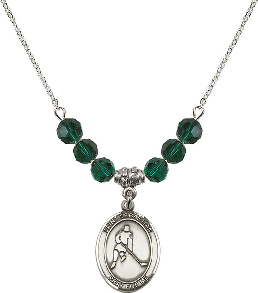 Sterling Silver Saint Sebastian/Ice Hockey Birthstone Necklace with Emerald Beads - 8165