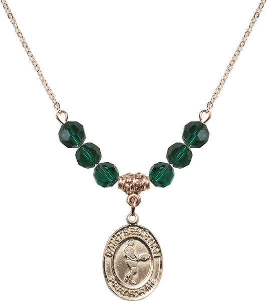 14kt Gold Filled Saint Sebastian/Tennis Birthstone Necklace with Emerald Beads - 8166