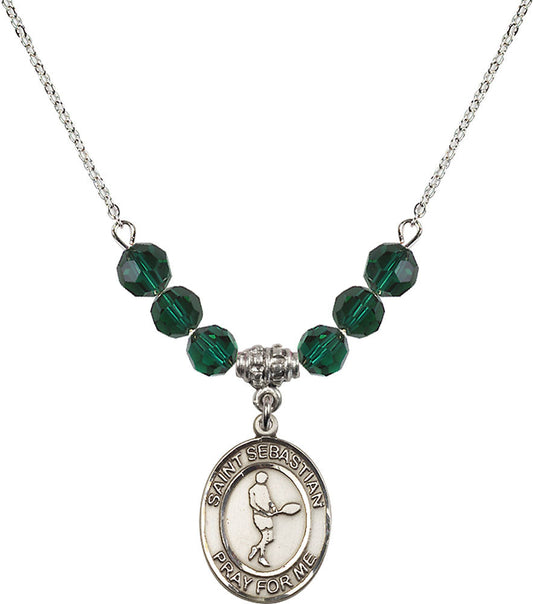 Sterling Silver Saint Sebastian/Tennis Birthstone Necklace with Emerald Beads - 8166
