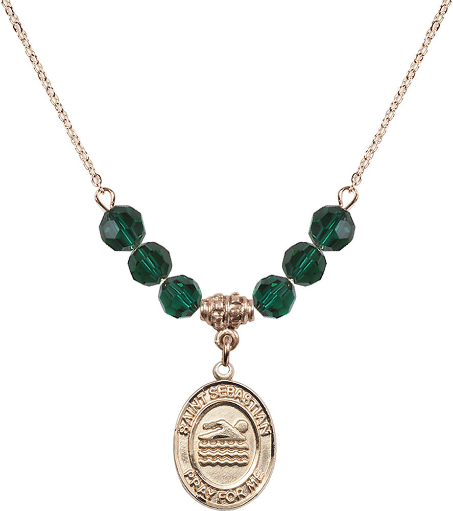 14kt Gold Filled Saint Sebastian/Swimming Birthstone Necklace with Emerald Beads - 8167