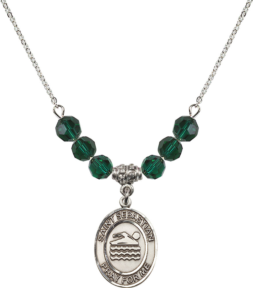 Sterling Silver Saint Sebastian/Swimming Birthstone Necklace with Emerald Beads - 8167