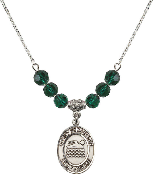 Sterling Silver Saint Sebastian/Swimming Birthstone Necklace with Emerald Beads - 8167