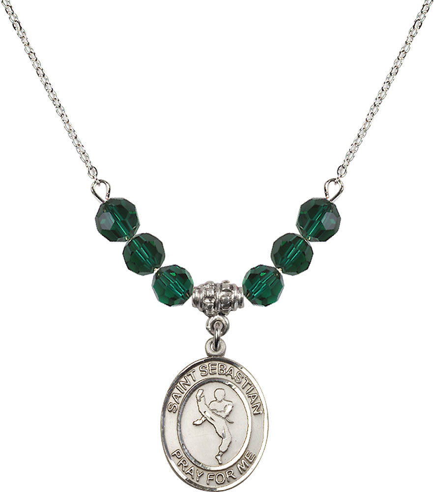 Sterling Silver Saint Sebastian/Martial Arts Birthstone Necklace with Emerald Beads - 8168