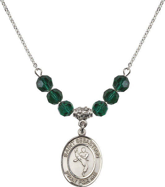 Sterling Silver Saint Sebastian/Martial Arts Birthstone Necklace with Emerald Beads - 8168