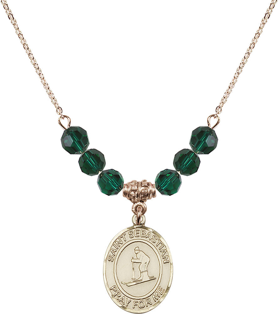 14kt Gold Filled Saint Sebastian/Skiing Birthstone Necklace with Emerald Beads - 8169