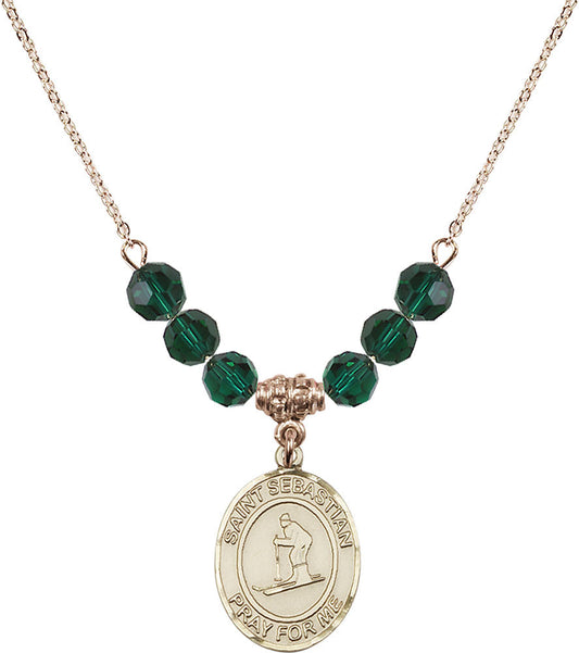 14kt Gold Filled Saint Sebastian/Skiing Birthstone Necklace with Emerald Beads - 8169