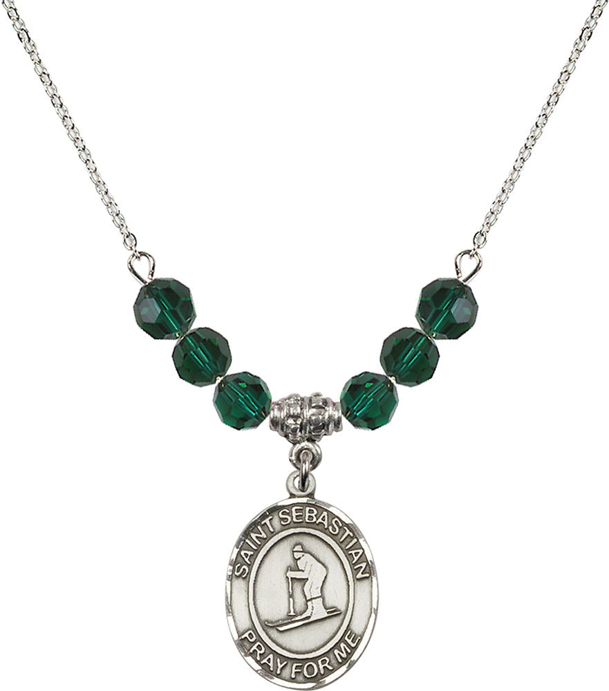 Sterling Silver Saint Sebastian/Skiing Birthstone Necklace with Emerald Beads - 8169