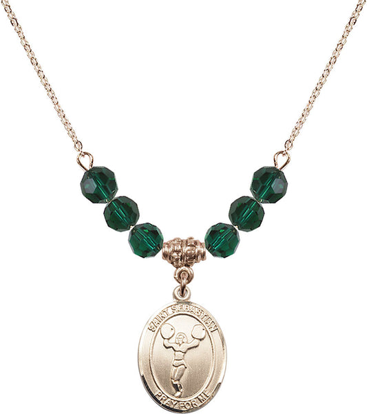 14kt Gold Filled Saint Sebastian/Cheerleading Birthstone Necklace with Emerald Beads - 8170