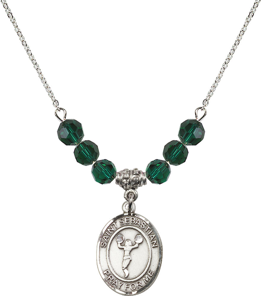 Sterling Silver Saint Sebastian/Cheerleading Birthstone Necklace with Emerald Beads - 8170
