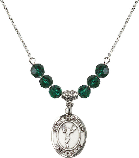 Sterling Silver Saint Sebastian/Cheerleading Birthstone Necklace with Emerald Beads - 8170