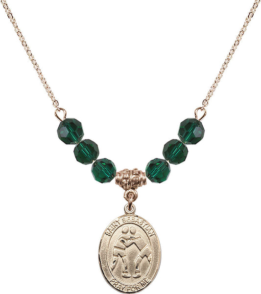 14kt Gold Filled Saint Sebastian/Wrestling Birthstone Necklace with Emerald Beads - 8171