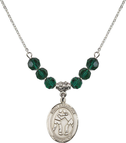 Sterling Silver Saint Sebastian/Wrestling Birthstone Necklace with Emerald Beads - 8171