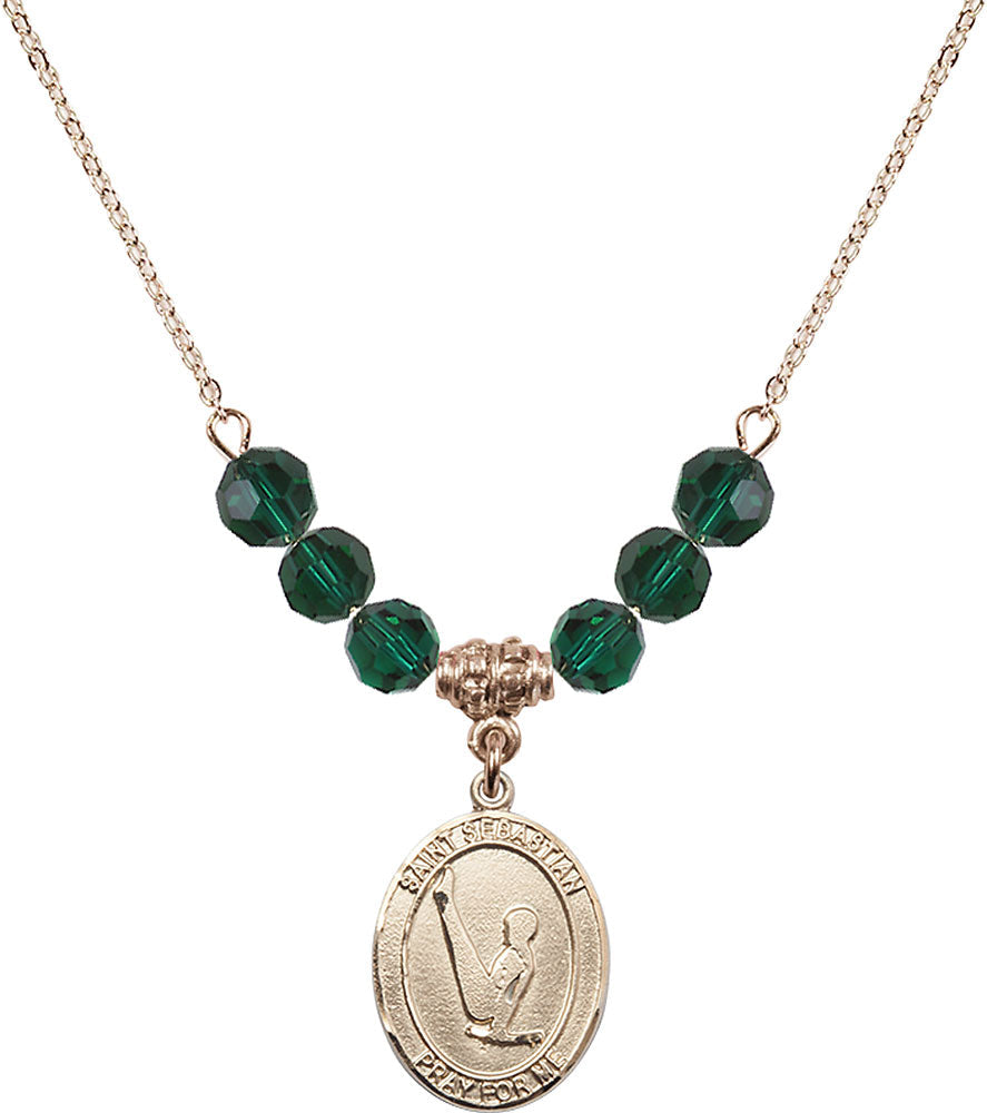 14kt Gold Filled Saint Sebastian/Gymnastics Birthstone Necklace with Emerald Beads - 8172