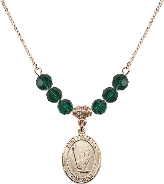 14kt Gold Filled Saint Sebastian/Gymnastics Birthstone Necklace with Emerald Beads - 8172
