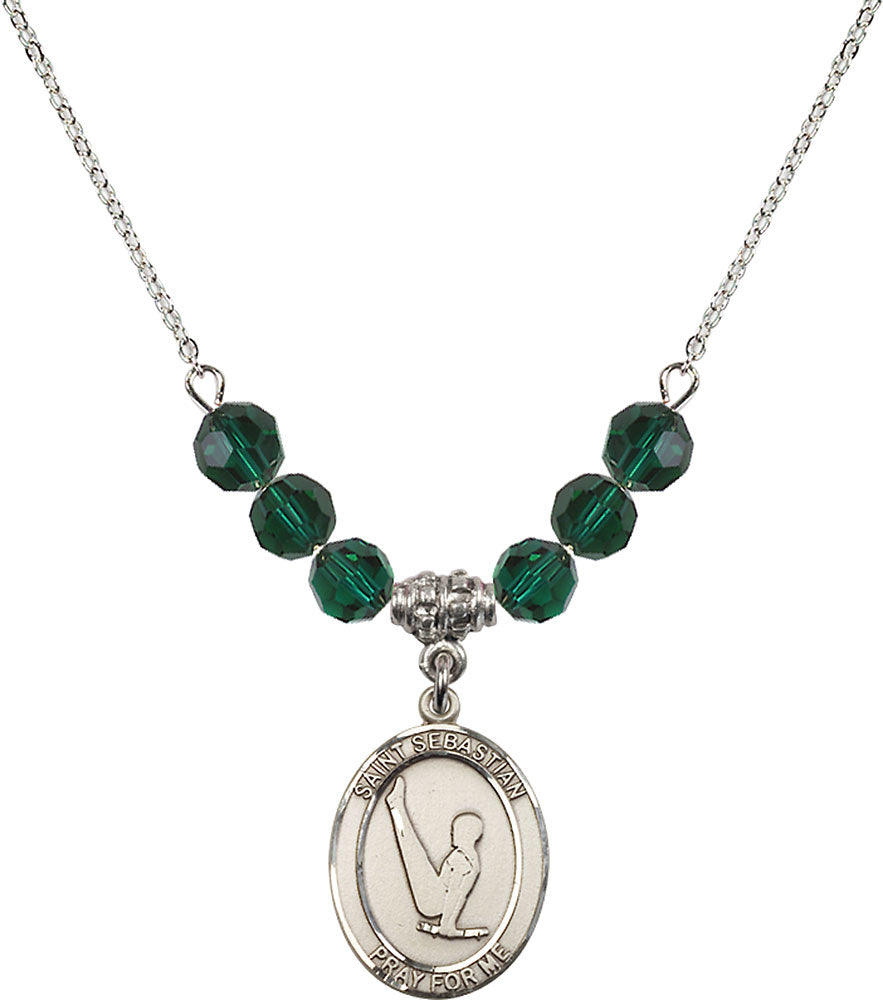 Sterling Silver Saint Sebastian/Gymnastics Birthstone Necklace with Emerald Beads - 8172