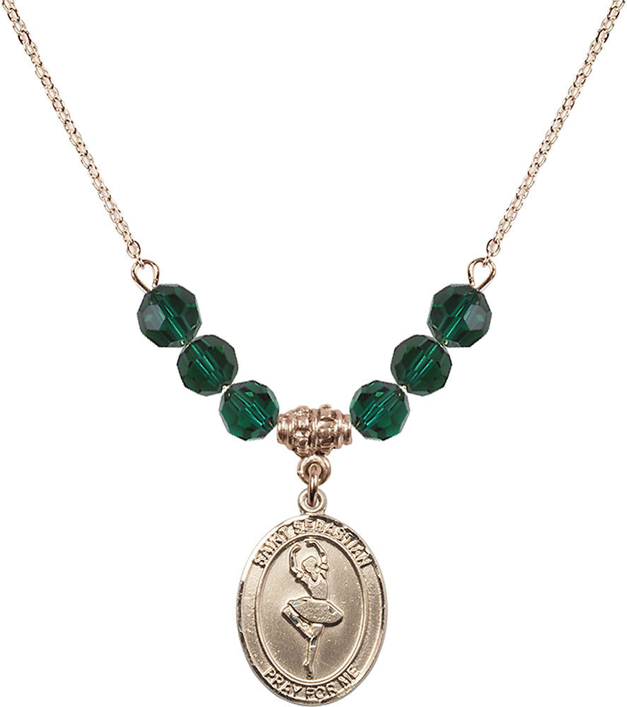 14kt Gold Filled Saint Sebastian/Dance Birthstone Necklace with Emerald Beads - 8173