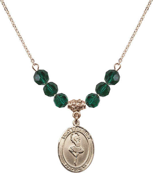 14kt Gold Filled Saint Sebastian/Dance Birthstone Necklace with Emerald Beads - 8173