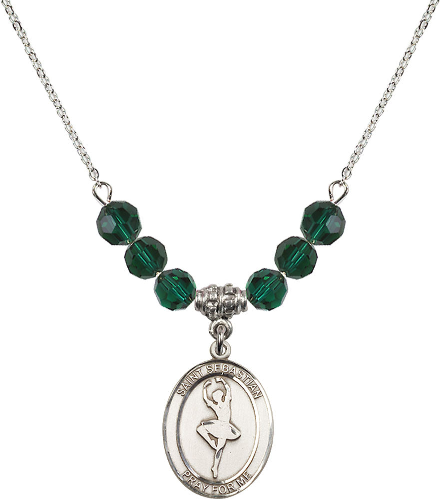 Sterling Silver Saint Sebastian/Dance Birthstone Necklace with Emerald Beads - 8173
