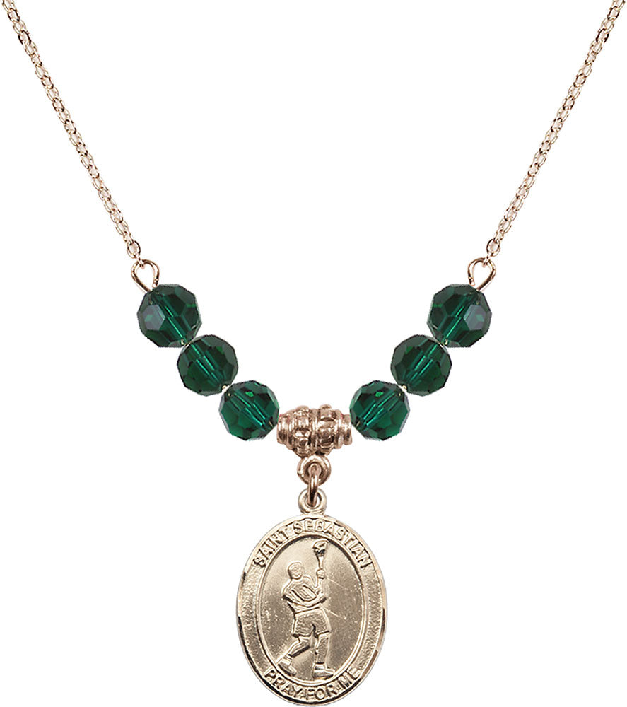 14kt Gold Filled Saint Sebastian/Lacrosse Birthstone Necklace with Emerald Beads - 8174