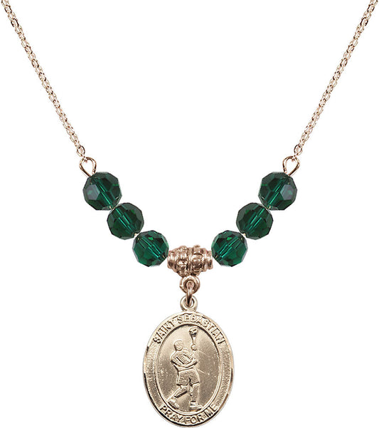 14kt Gold Filled Saint Sebastian/Lacrosse Birthstone Necklace with Emerald Beads - 8174