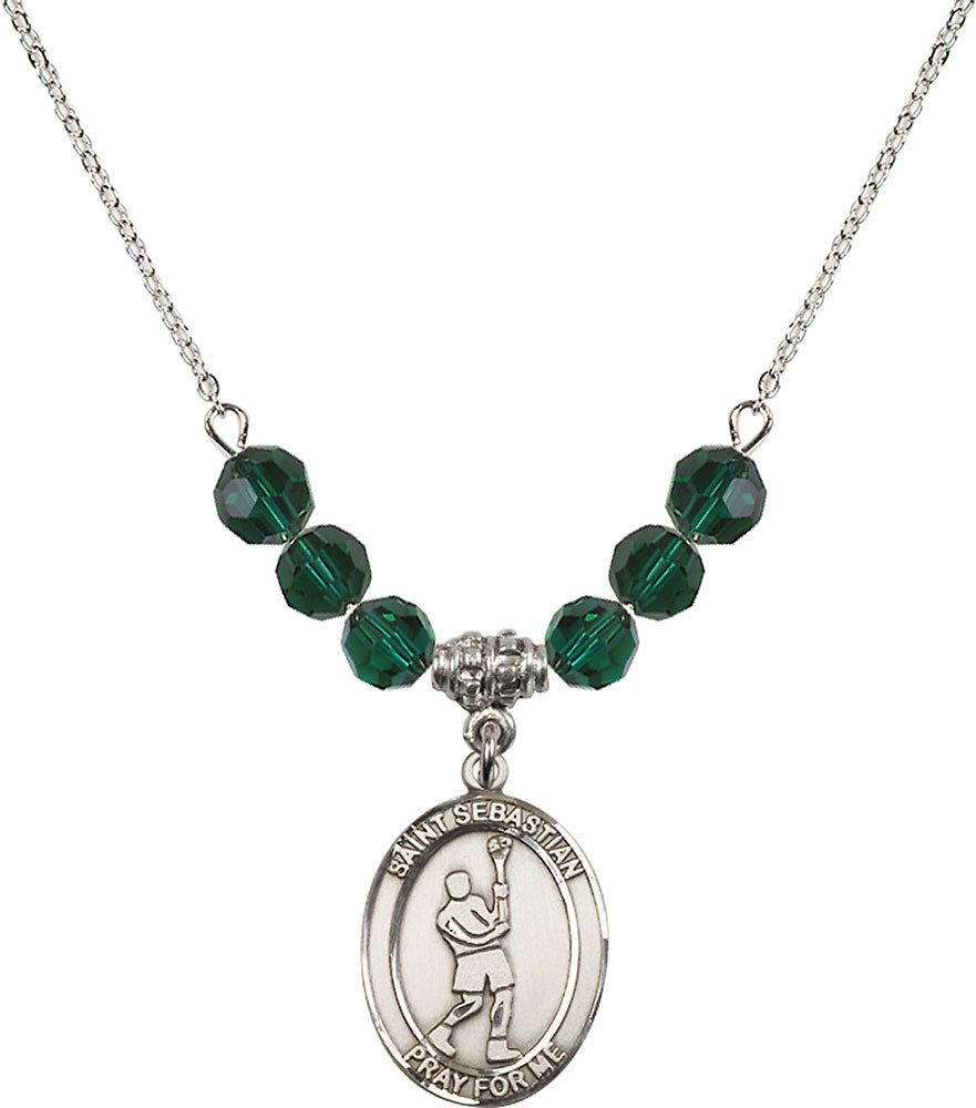 Sterling Silver Saint Sebastian/Lacrosse Birthstone Necklace with Emerald Beads - 8174