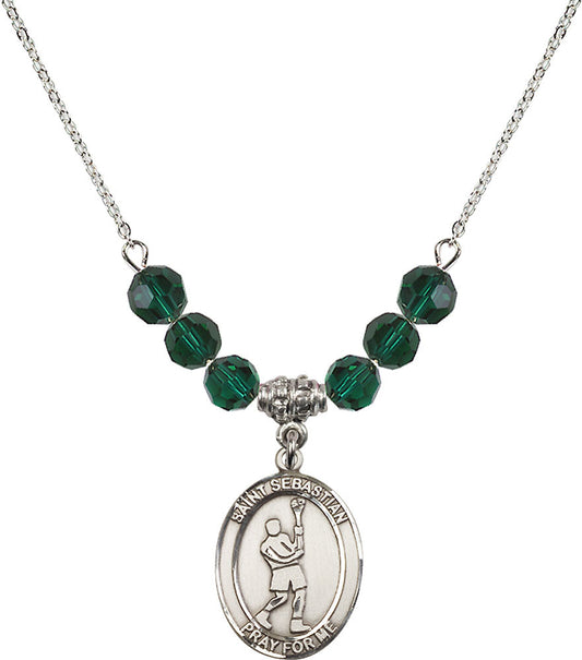 Sterling Silver Saint Sebastian/Lacrosse Birthstone Necklace with Emerald Beads - 8174
