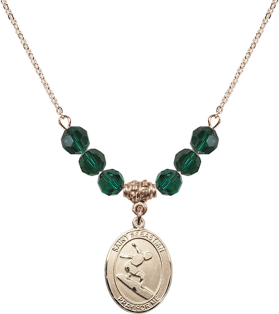 14kt Gold Filled Saint Sebastian/Surfing Birthstone Necklace with Emerald Beads - 8175