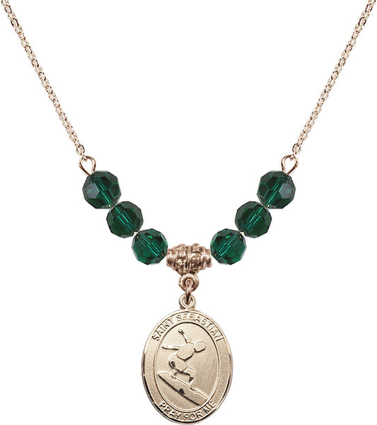 14kt Gold Filled Saint Sebastian/Surfing Birthstone Necklace with Emerald Beads - 8175
